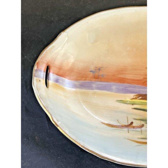 Vintage Noritake? Hand painted Oval Dish Made in Japan Seaside Scenery Trinket - Picture 7 of 7